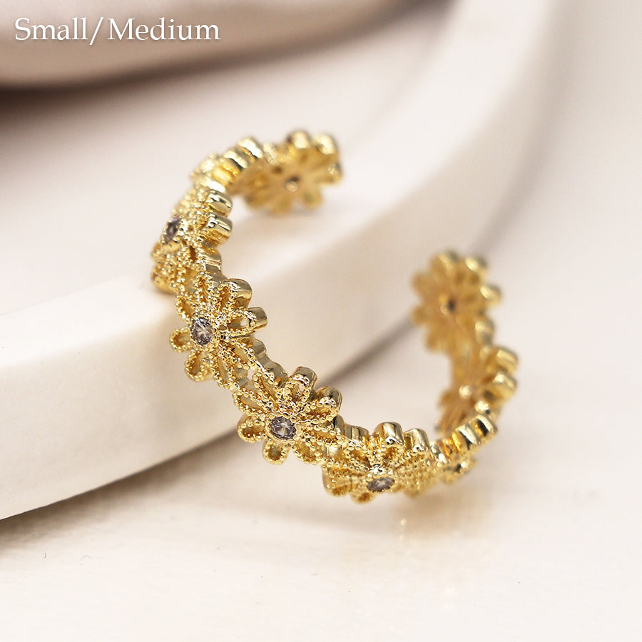 Crystal Flowers Gold Plated Ring S/M
