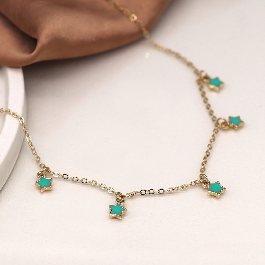 Turquoise Enamel Star Drops Faux Gold Necklace
