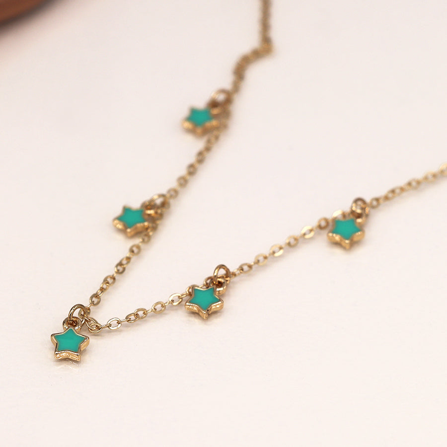 Turquoise Enamel Star Drops Faux Gold Necklace