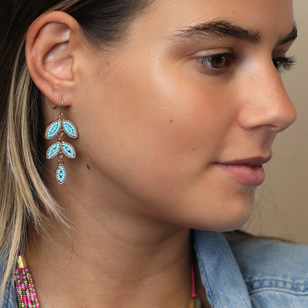 Turquoise Beaded Leaf Earrings