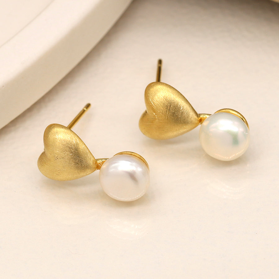 Golden Brushed Heart & Pearl Stud Earrings