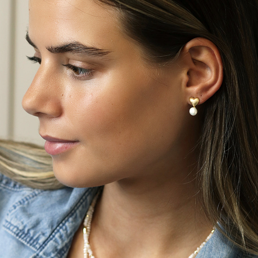 Golden Brushed Heart & Pearl Stud Earrings