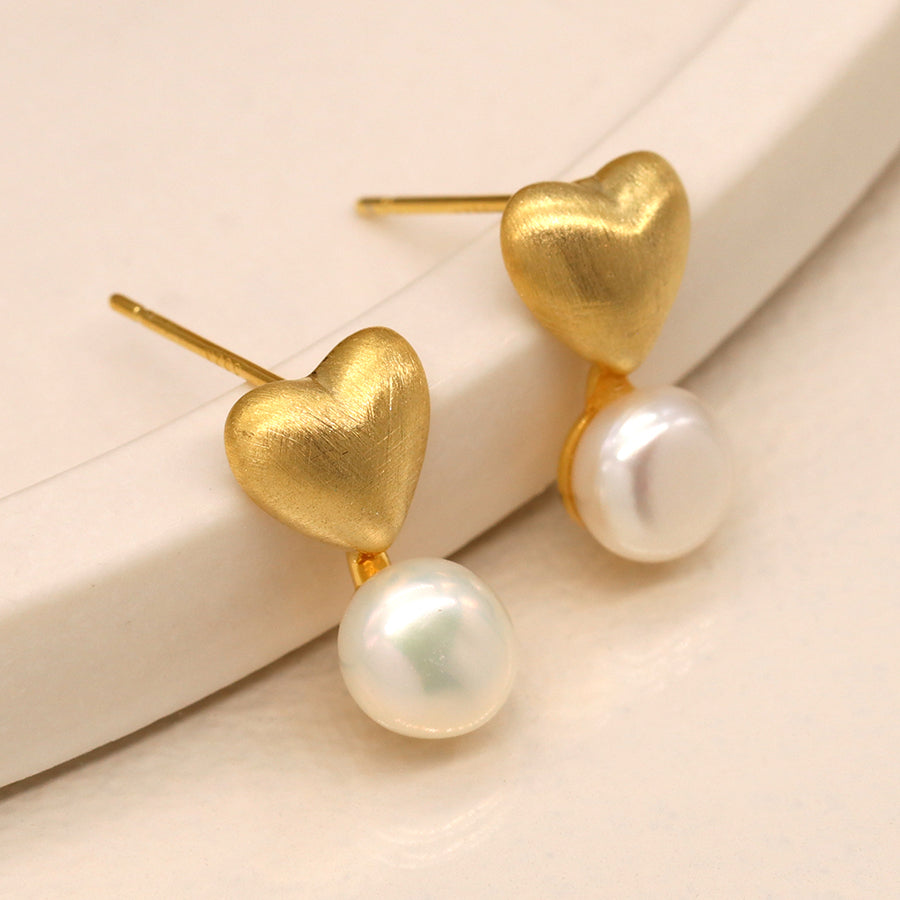 Golden Brushed Heart & Pearl Stud Earrings