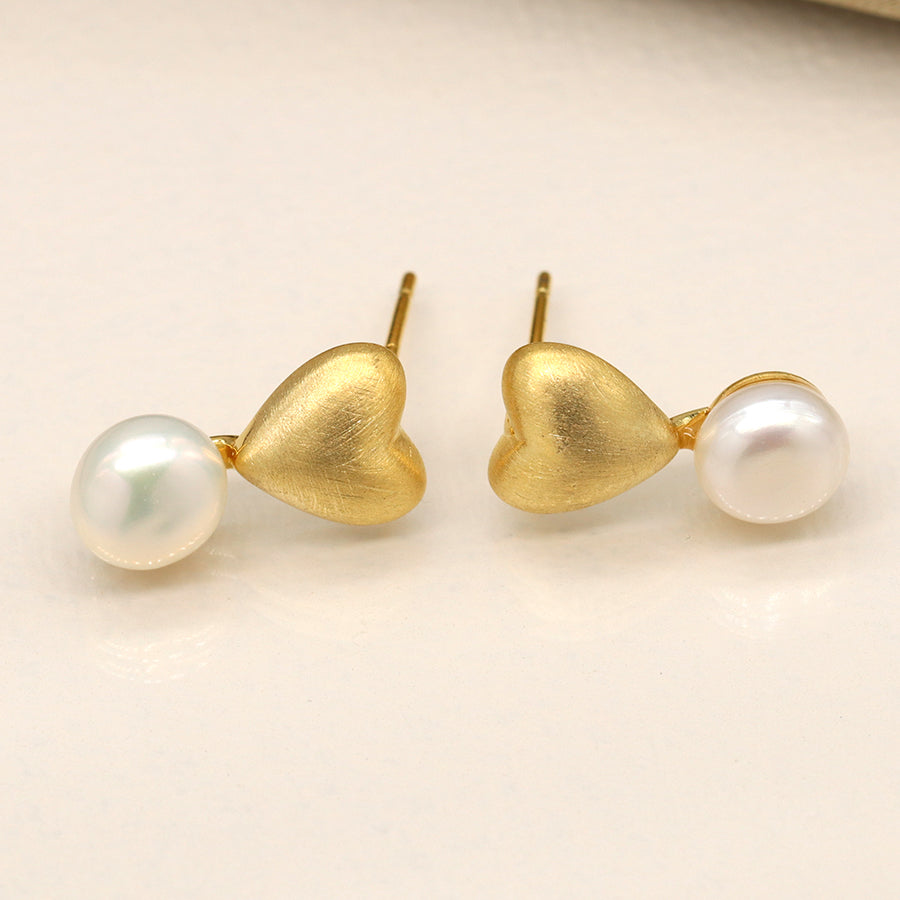 Golden Brushed Heart & Pearl Stud Earrings