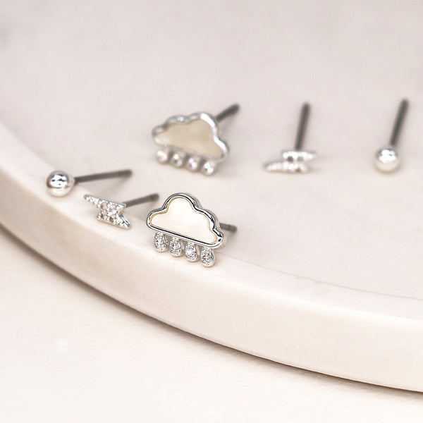 Silver Plated Clouds & Raindrops Triple Stud Set