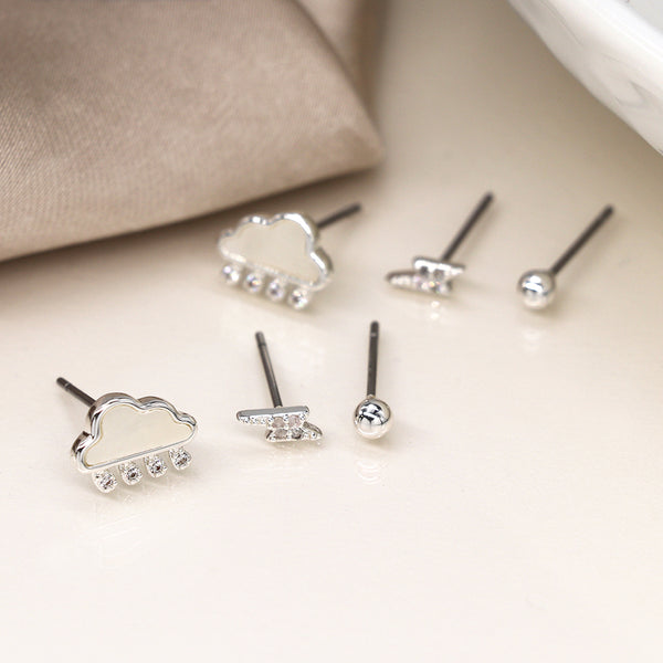 Silver Plated Clouds & Raindrops Triple Stud Set