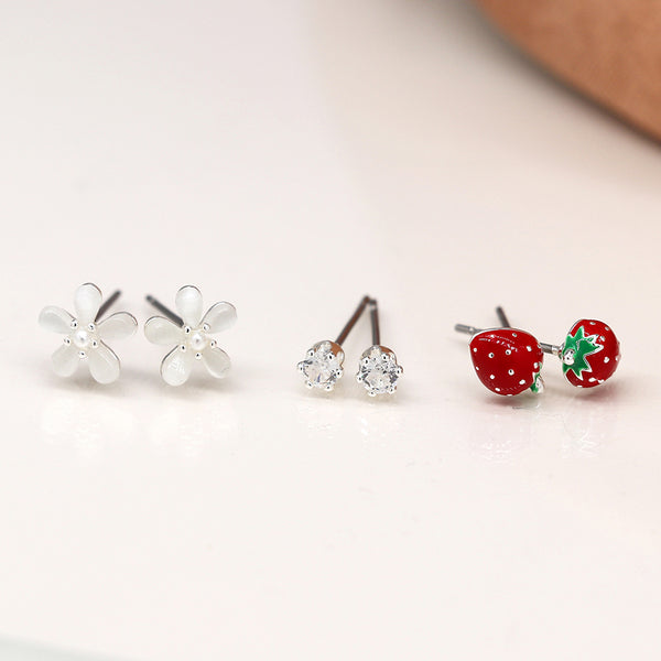 Strawberry & Flower | Silver Plated Triple Stud Set