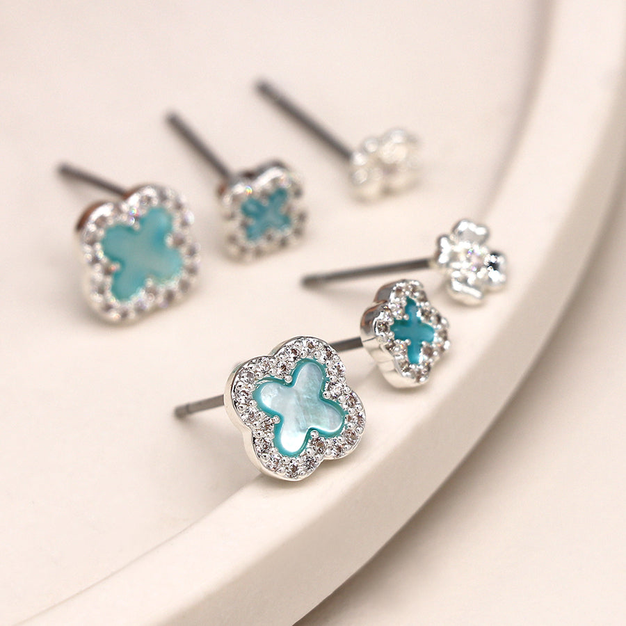 Silver Plated Blue Quatrefoil Triple Stud Set