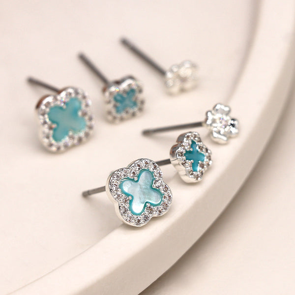 Silver Plated Blue Quatrefoil Triple Stud Set