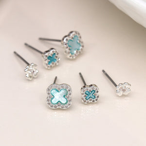 Silver Plated Blue Quatrefoil Triple Stud Set