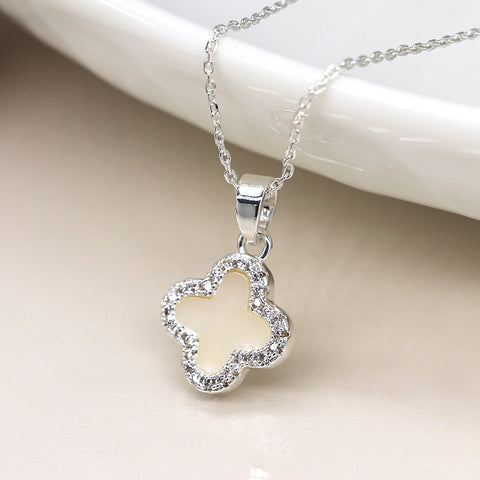 Silver Plated Crystal Edged Quatrefoil Necklace