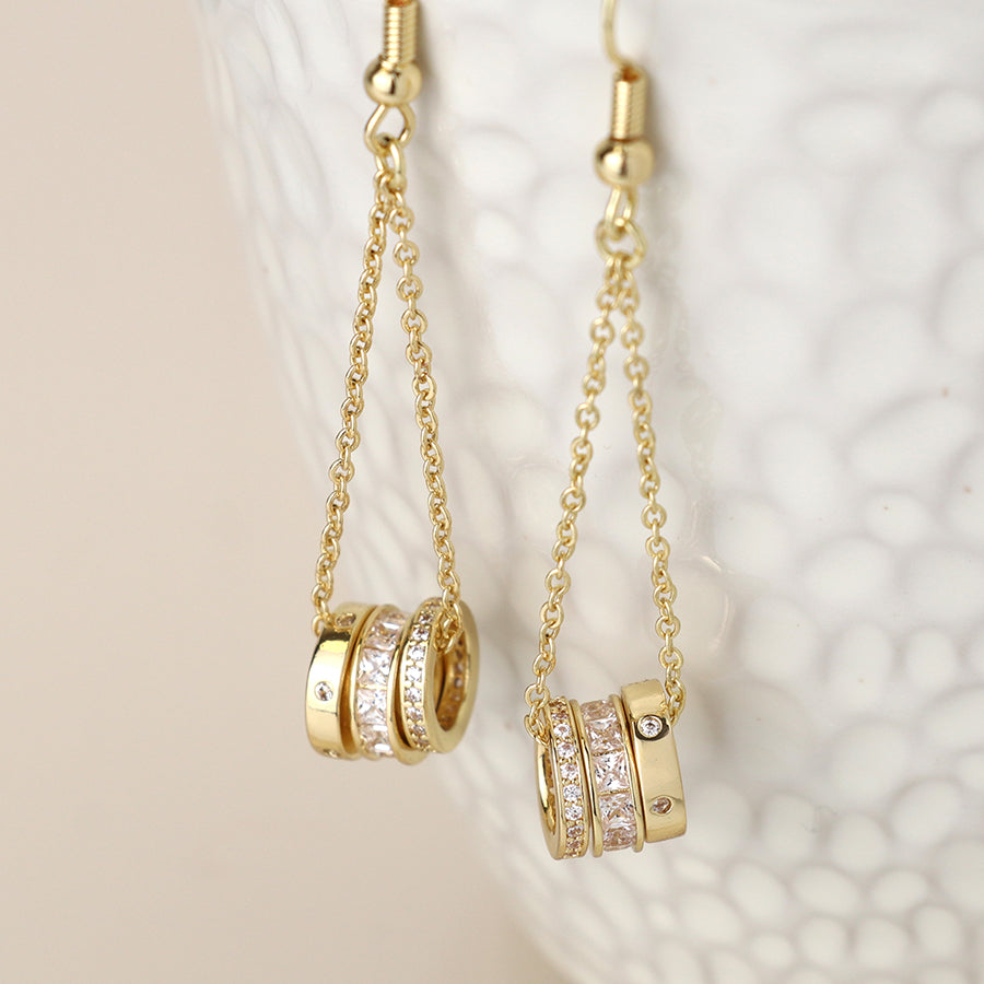 Golden Triple Crystal Rings & Chain Earrings