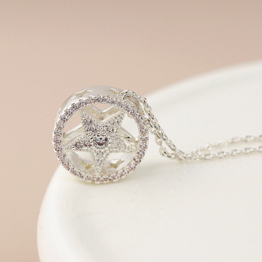 Silver Plated Star in Circle Heart in Circle Necklace