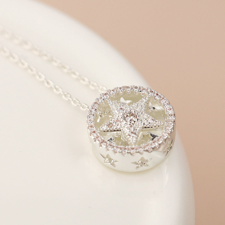 Silver Plated Star in Circle Heart in Circle Necklace