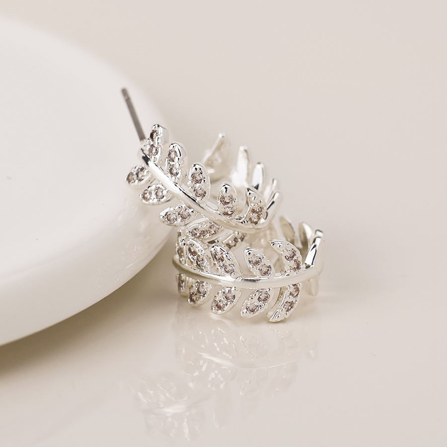 Silver Plated Crystal Leaf Sleeper Earrings