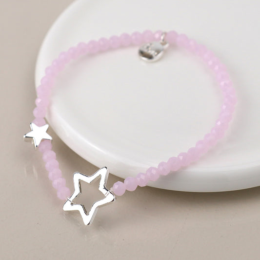 Pink Opal Colour Crystal Beads With Silver Stars
