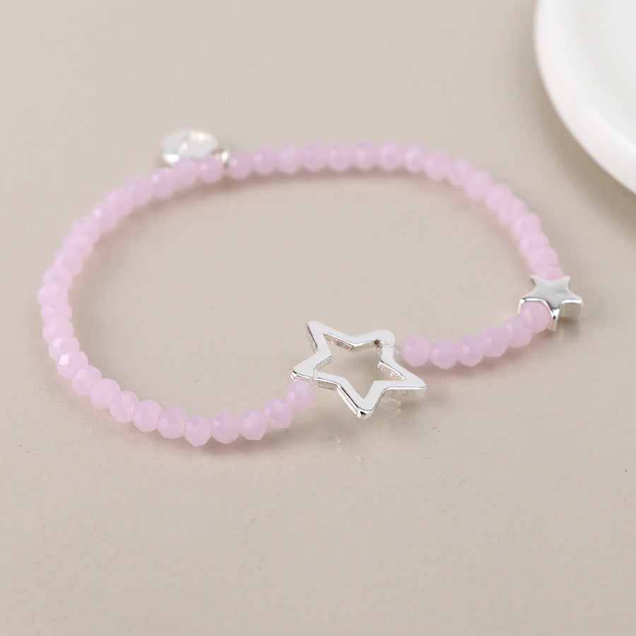 Pink Opal Colour Crystal Beads With Silver Stars
