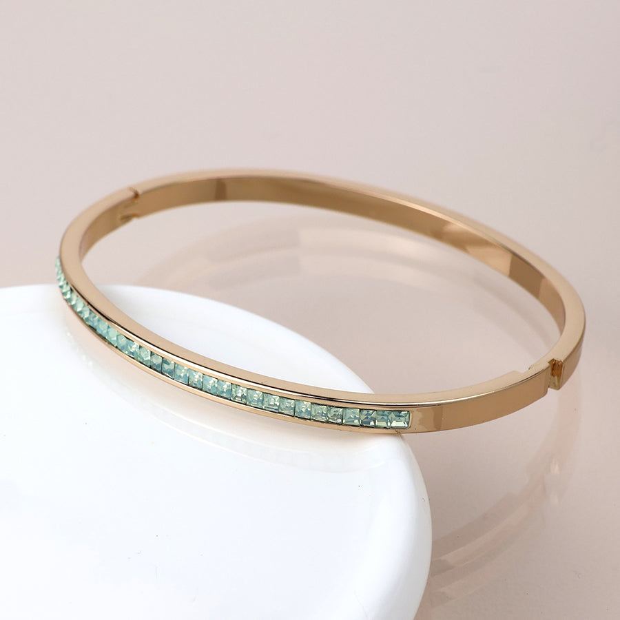 Faux Gold Plated Slim Hinged Bangle Green Crystals