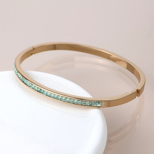 Faux Gold Plated Slim Hinged Bangle Green Crystals