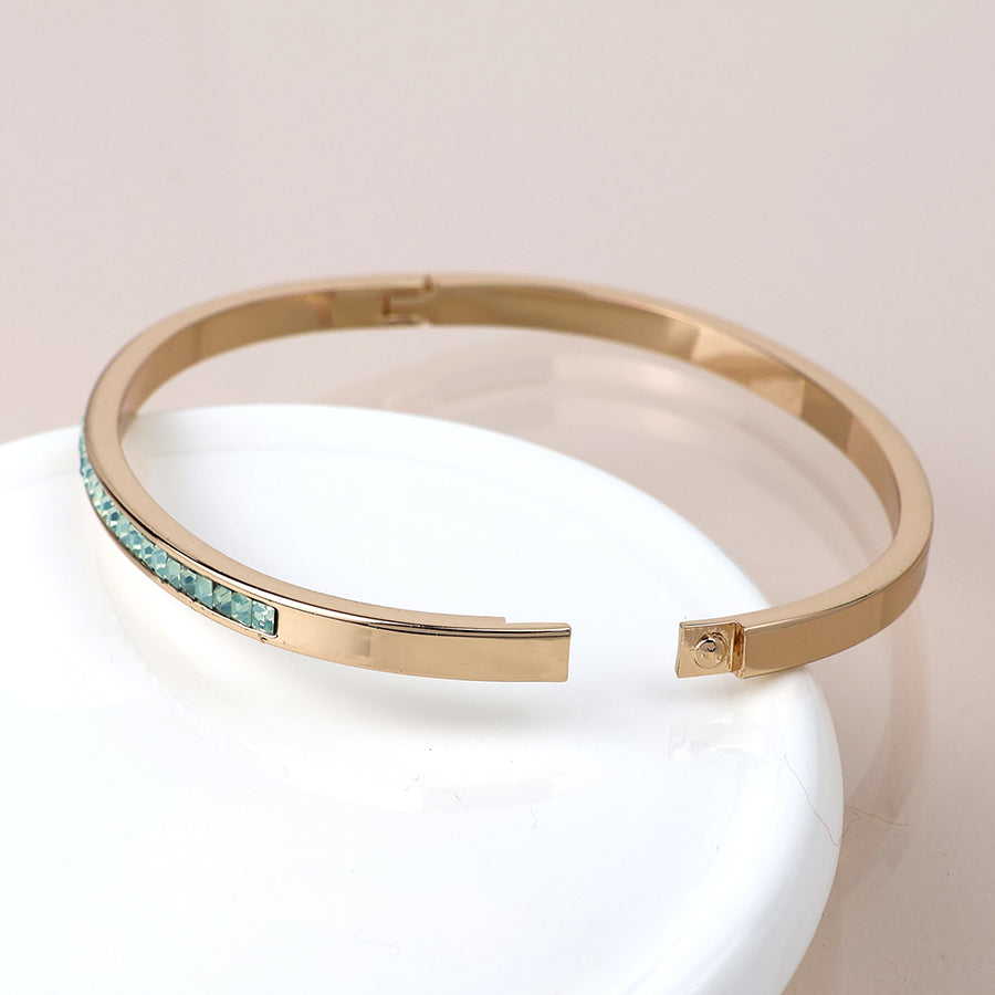 Faux Gold Plated Slim Hinged Bangle Green Crystals
