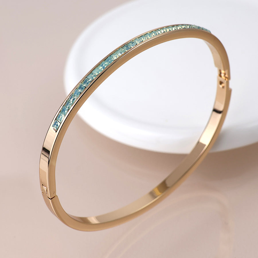 Faux Gold Plated Slim Hinged Bangle Green Crystals