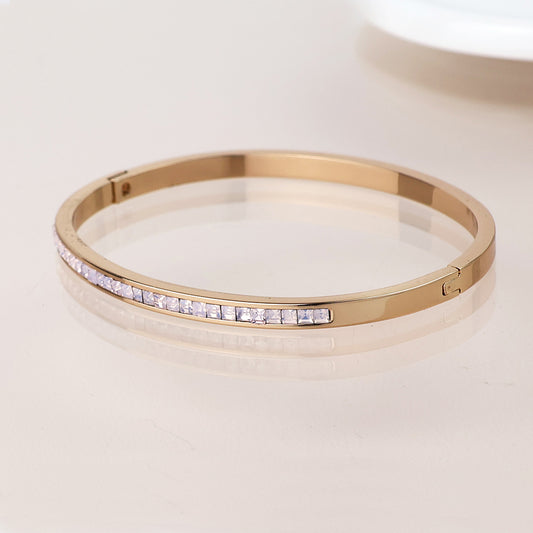 Faux Gold Plated Slim Hinged Bangle Pink Crystals