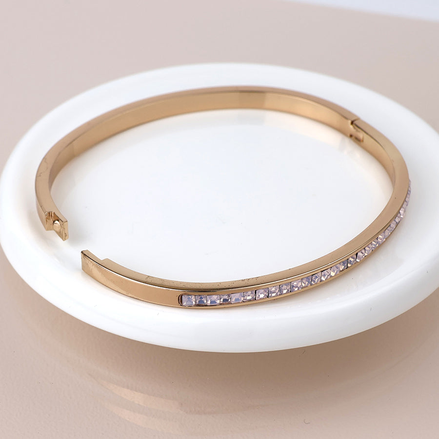 Faux Gold Plated Slim Hinged Bangle Pink Crystals