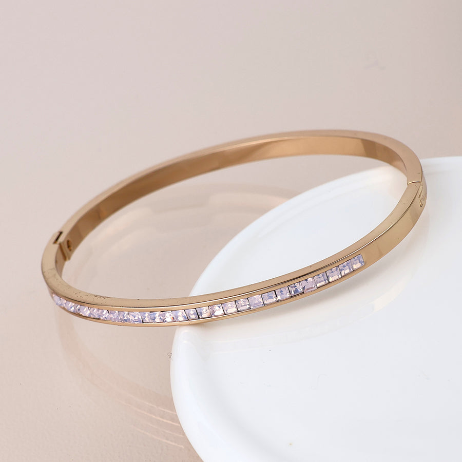 Faux Gold Plated Slim Hinged Bangle Pink Crystals