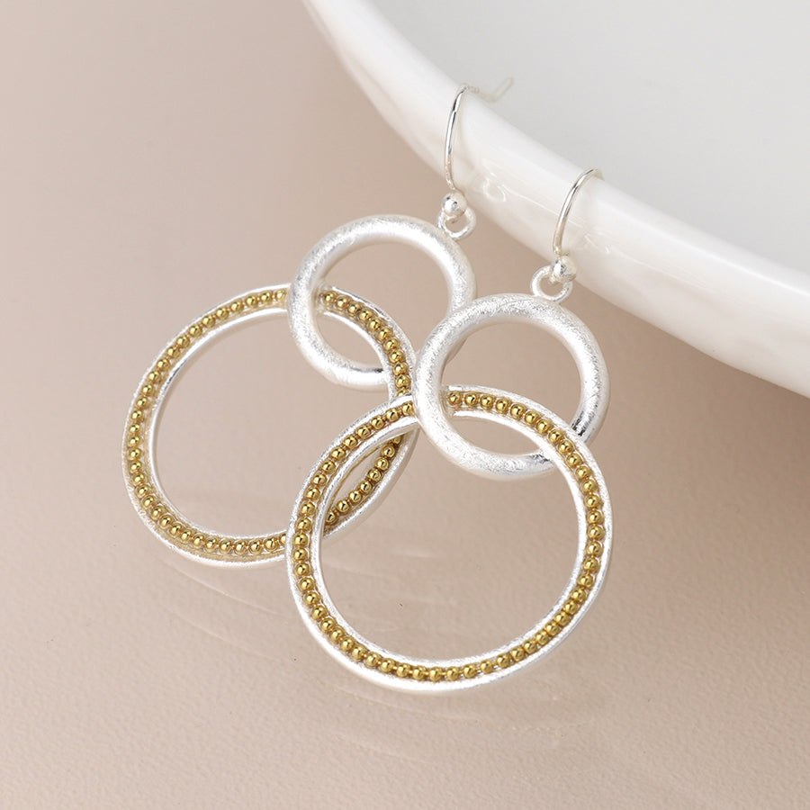 Silver Plated Double Hoop Drop Earrings With Gold Dots