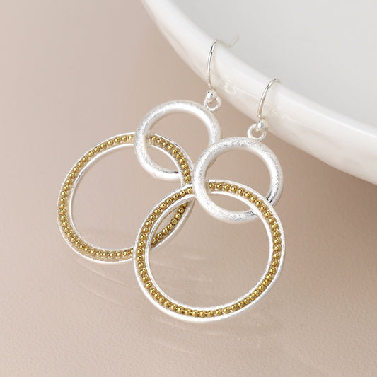 Silver Plated Double Hoop Drop Earrings With Gold Dots