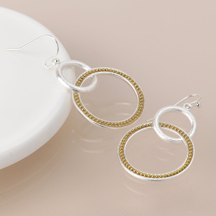 Silver Plated Double Hoop Drop Earrings With Gold Dots