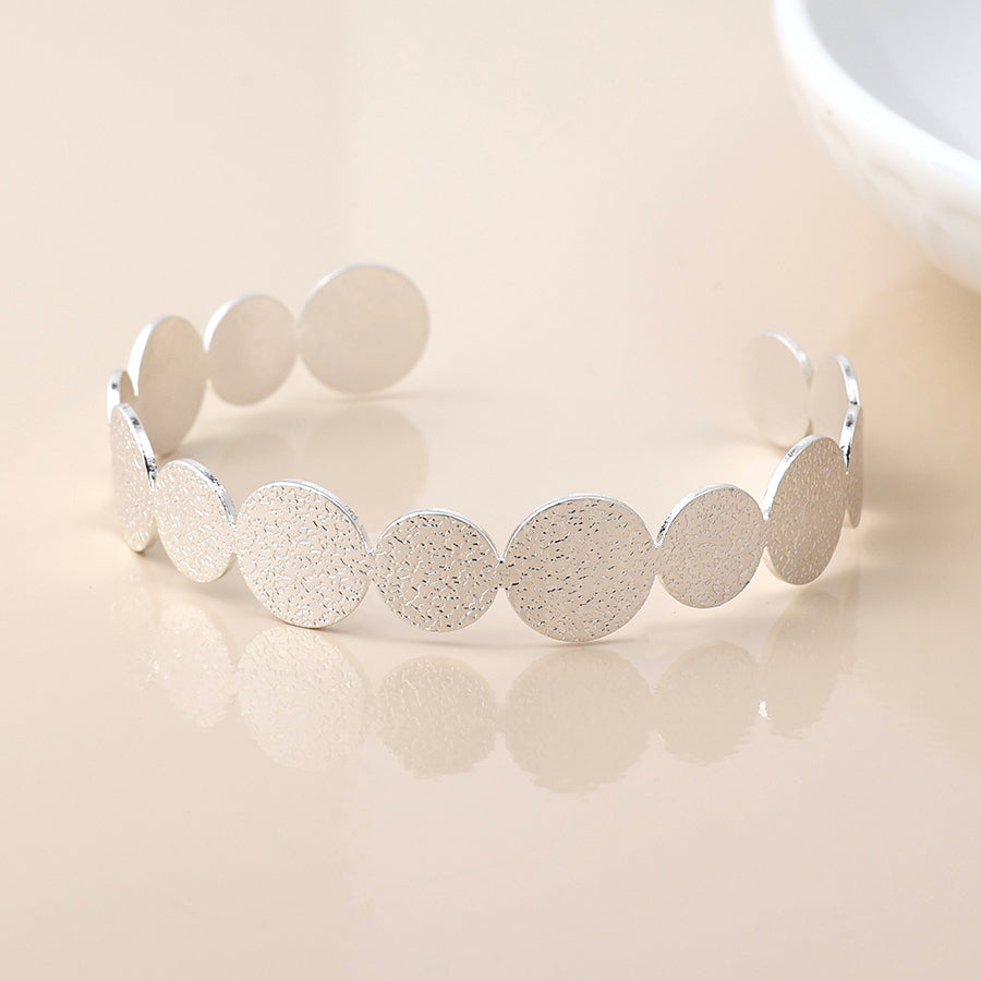 Brushed Textured Silver Plated Discs Open Back Bangle