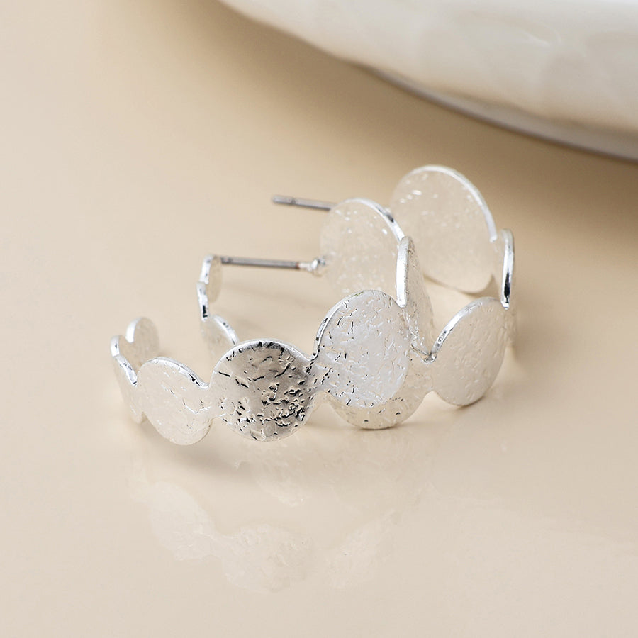Brushed Textured Silver Plated Discs C Post Earrings