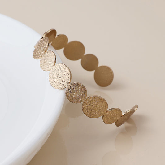 Brushed Textured Faux Gold Plated Discs Open Back Bangle