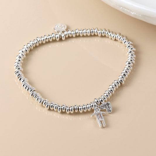 Silver Plated Bead Bracelet With Crystal Man & Heart Charm