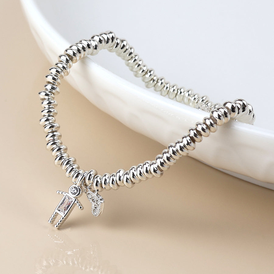 Silver Plated Bead Bracelet With Crystal Man & Heart Charm
