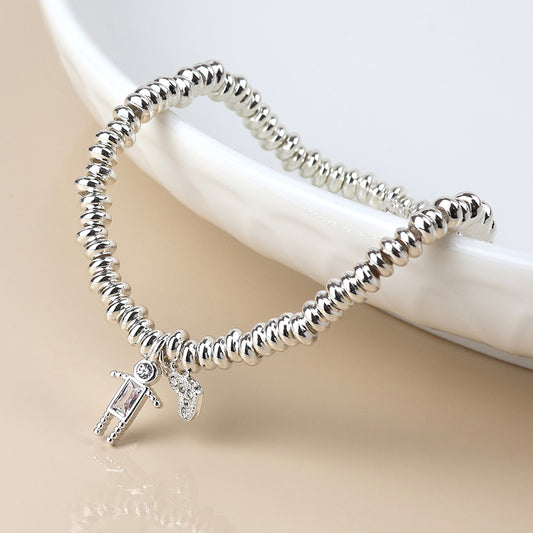 Silver Plated Bead Bracelet With Crystal Man & Heart Charm