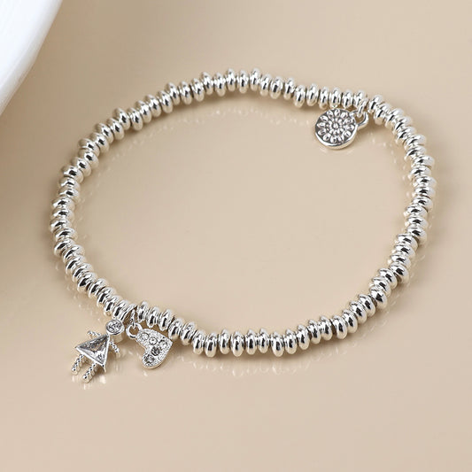 Silver Plated Bead Bracelet With Crystal Lady & Heart Charm