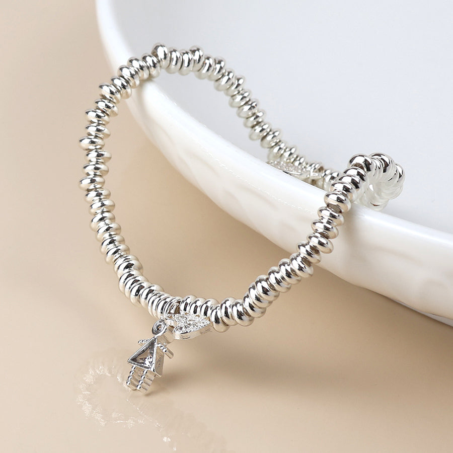 Silver Plated Bead Bracelet With Crystal Lady & Heart Charm