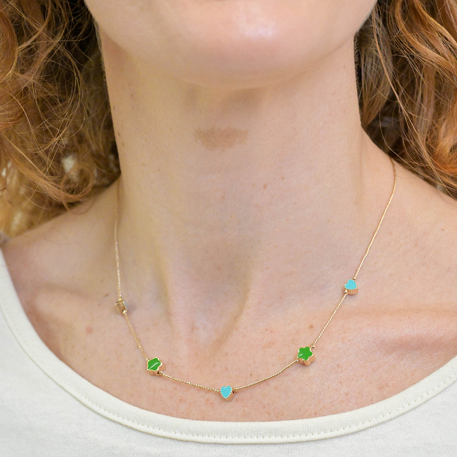 Faux Gold Green Mix Flowers Dainty Station Necklac