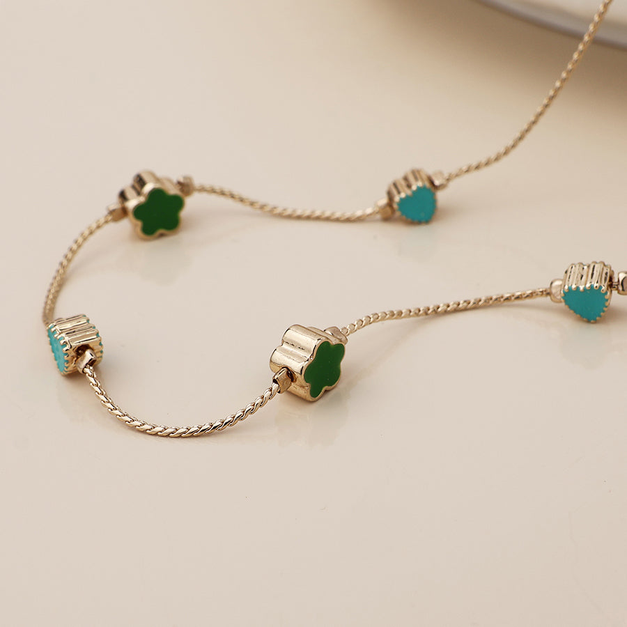 Faux Gold Green Mix Flowers Dainty Station Necklac