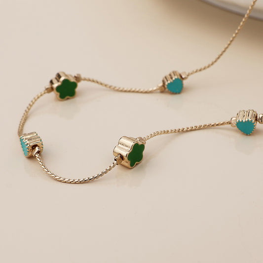 Faux Gold Green Mix Flowers Dainty Station Necklac
