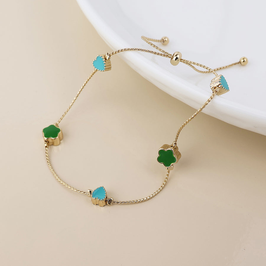 Faux Gold Green Mix Flowers Dainty Station Bracelet