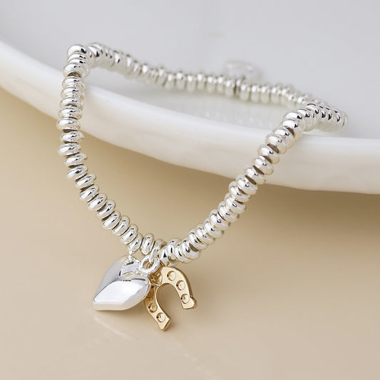 Silver Plated Bead Bracelet With Horseshoe & Heart Charms