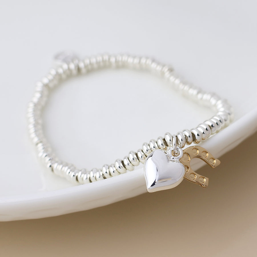 Silver Plated Bead Bracelet With Horseshoe & Heart Charms