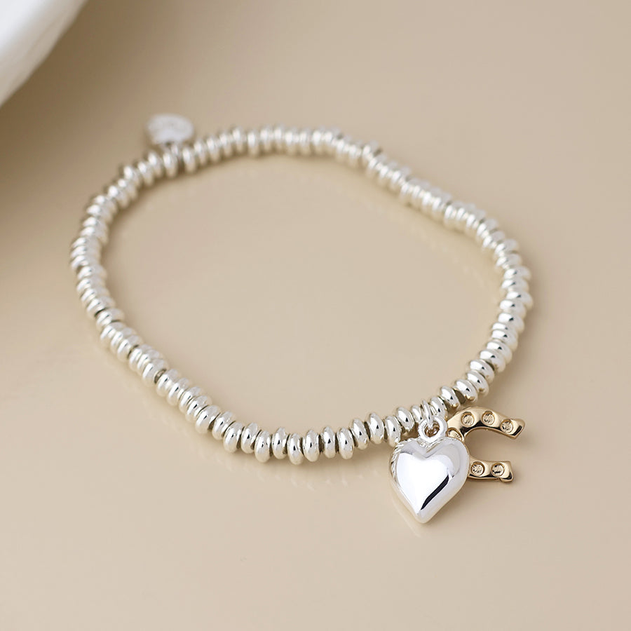 Silver Plated Bead Bracelet With Horseshoe & Heart Charms