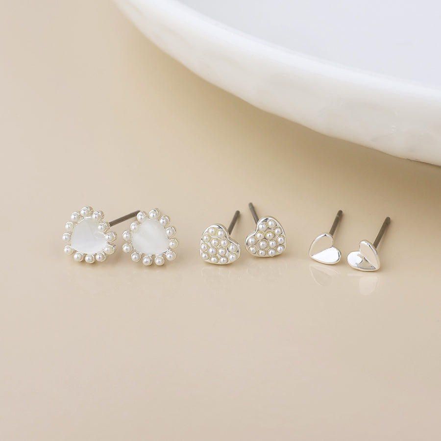 Silver Plated Pearl Heart Stud Earrings 3Pk