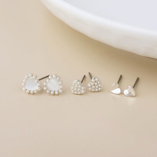 Silver Plated Pearl Heart Stud Earrings 3Pk