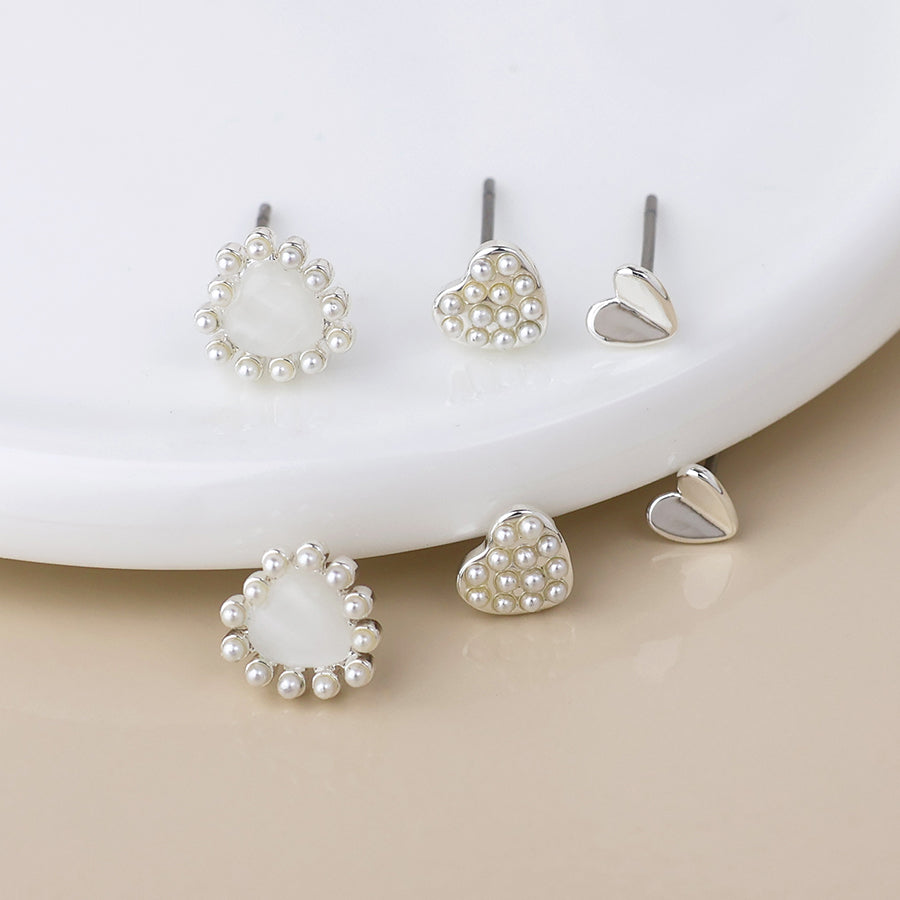 Silver Plated Pearl Heart Stud Earrings 3Pk