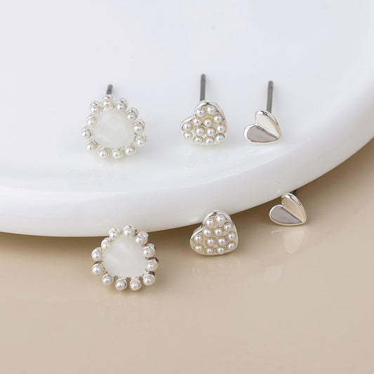 Silver Plated Pearl Heart Stud Earrings 3Pk